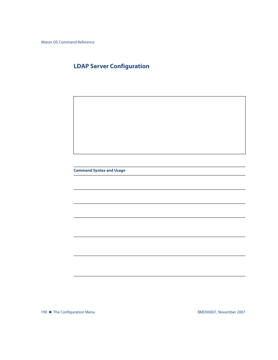 Ldap server configuration, Ldap server configuration 190, Menu options, see | Cfg/sys/ldap ldap server configuration | Nortel Networks ALTEON OS BMD00007 User Manual | Page 188 / 390
