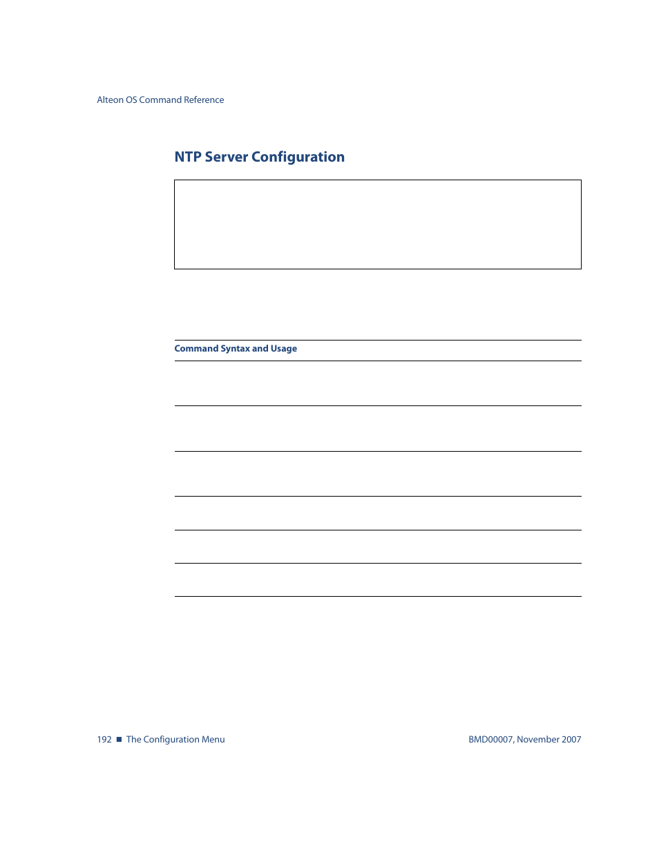 Ntp server configuration, Ntp server configuration 192, Cfg/sys/ntp ntp server configuration | Nortel Networks ALTEON OS BMD00007 User Manual | Page 190 / 390