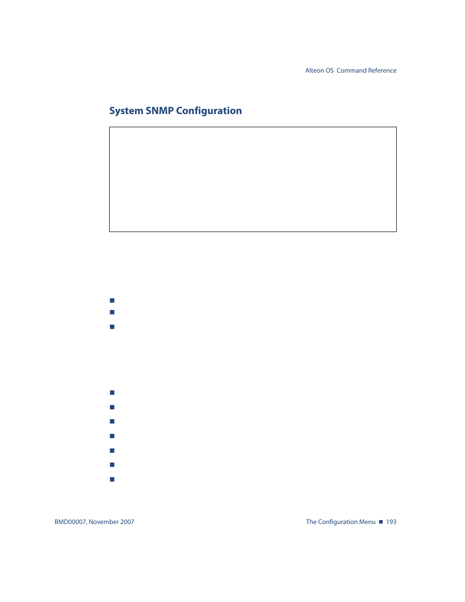 System snmp configuration, System snmp configuration 193, Cfg/sys/ssnmp system snmp configuration | Nortel Networks ALTEON OS BMD00007 User Manual | Page 191 / 390