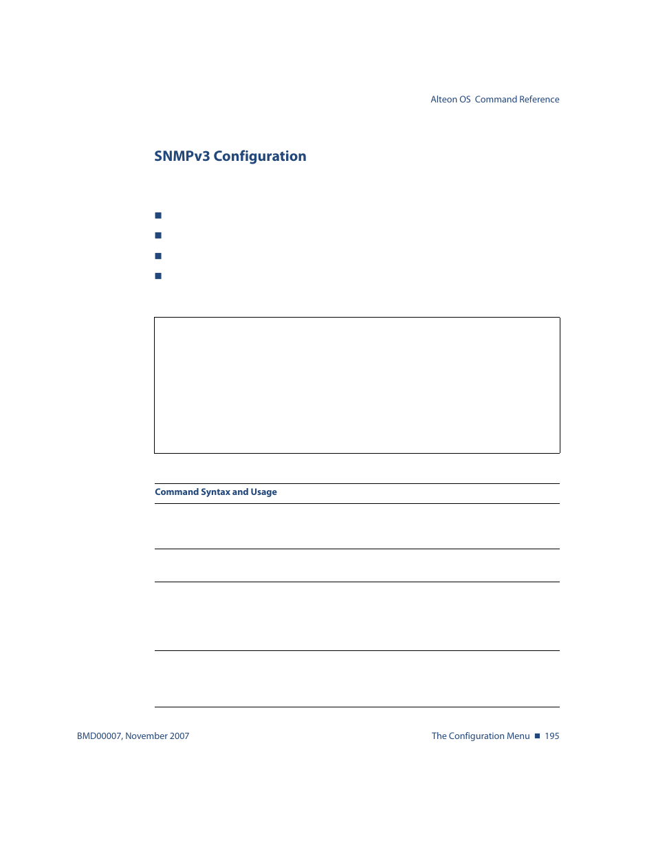 Snmpv3 configuration, Snmpv3 configuration 195, Cfg/sys/ssnmp/snmpv3 snmpv3 configuration | Nortel Networks ALTEON OS BMD00007 User Manual | Page 193 / 390