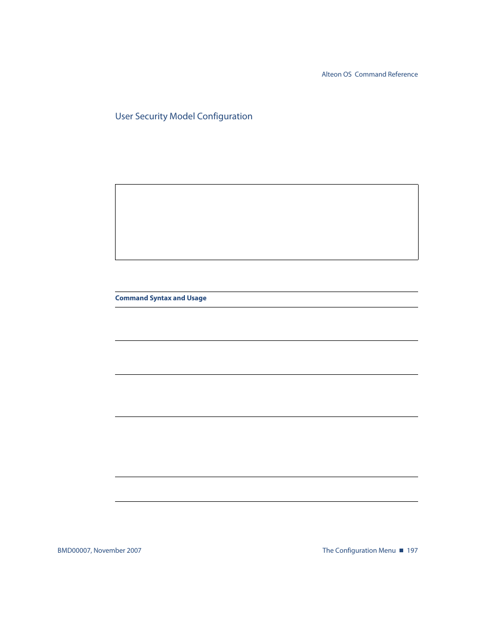 User security model configuration, User security model configuration 197, Cfg/sys/ssnmp/snmpv3/usm | Nortel Networks ALTEON OS BMD00007 User Manual | Page 195 / 390