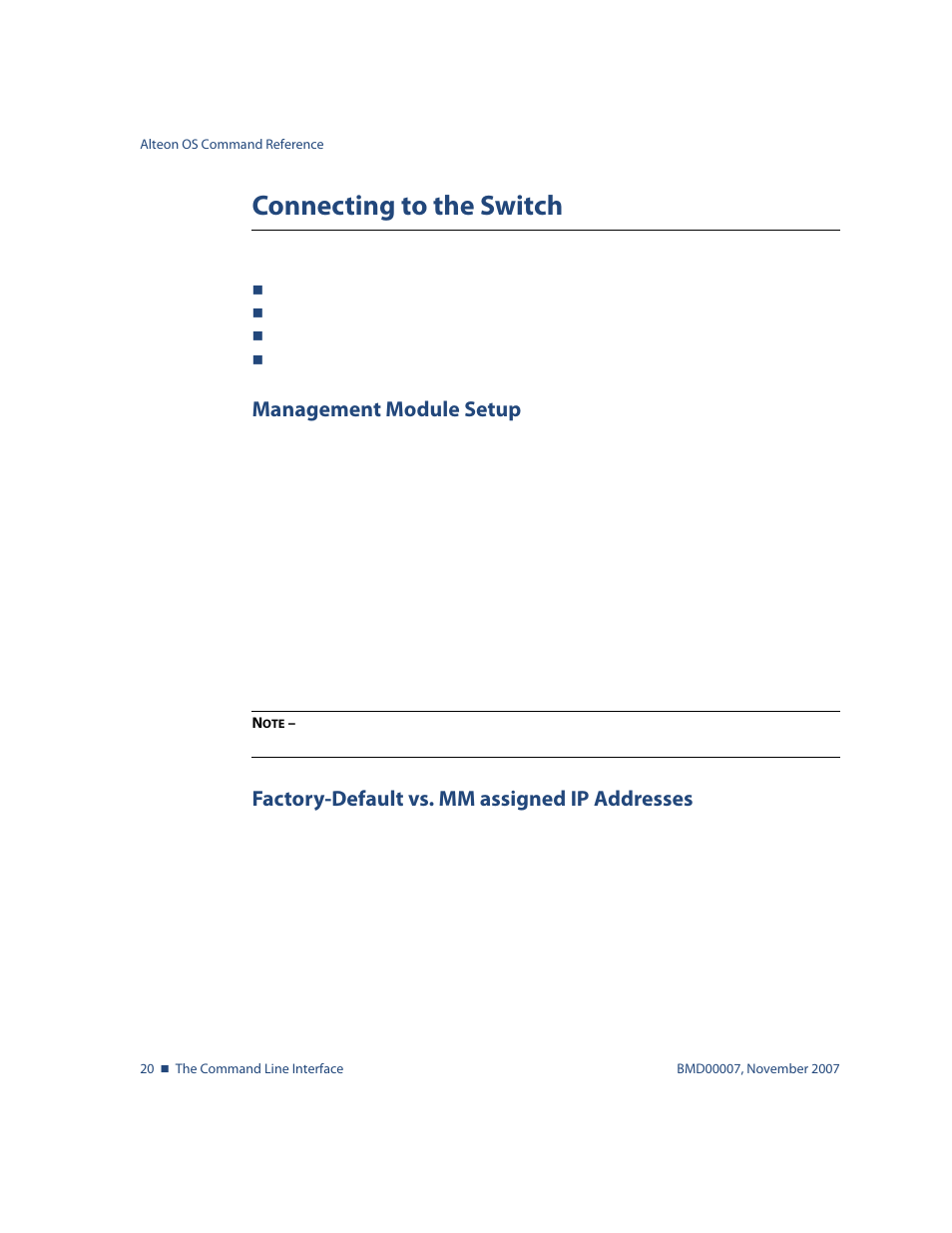 Connecting to the switch, Management module setup, Factory-default vs. mm assigned ip addresses | Connecting to the switch 20 | Nortel Networks ALTEON OS BMD00007 User Manual | Page 20 / 390
