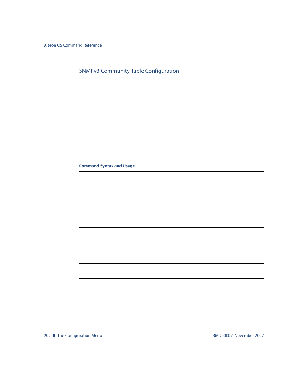 Snmpv3 community table configuration, Snmpv3 community table configuration 202, Cfg/sys/ssnmp/snmpv3/comm | Nortel Networks ALTEON OS BMD00007 User Manual | Page 200 / 390
