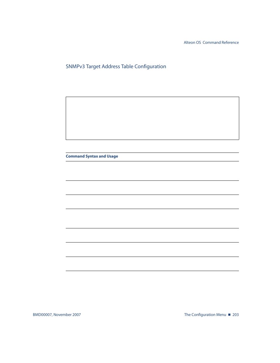 Snmpv3 target address table configuration, Snmpv3 target address table configuration 203, Cfg/sys/ssnmp/snmpv3/taddr | Nortel Networks ALTEON OS BMD00007 User Manual | Page 201 / 390