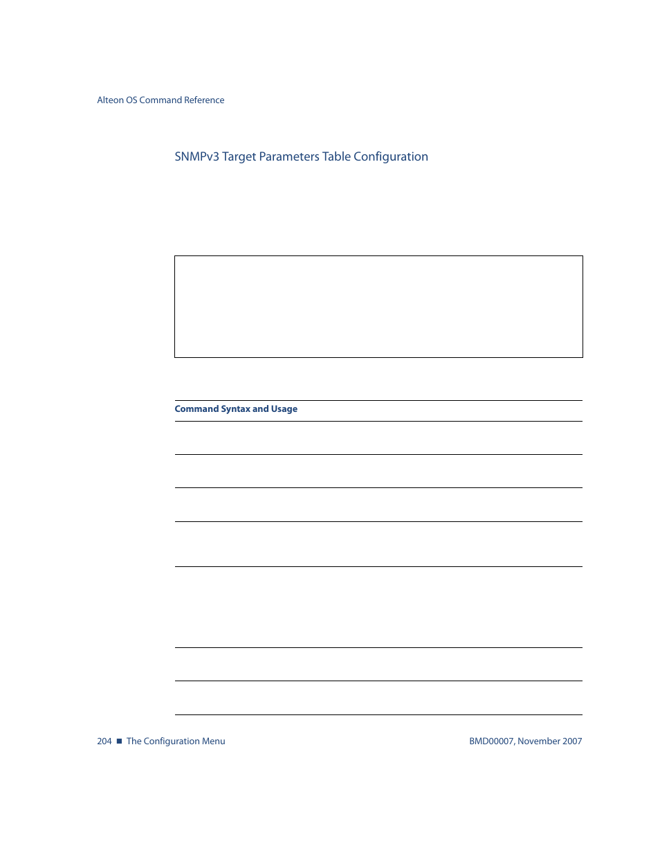 Snmpv3 target parameters table configuration, Snmpv3 target parameters table configuration 204, Cfg/sys/ssnmp/snmpv3/tparam | Nortel Networks ALTEON OS BMD00007 User Manual | Page 202 / 390