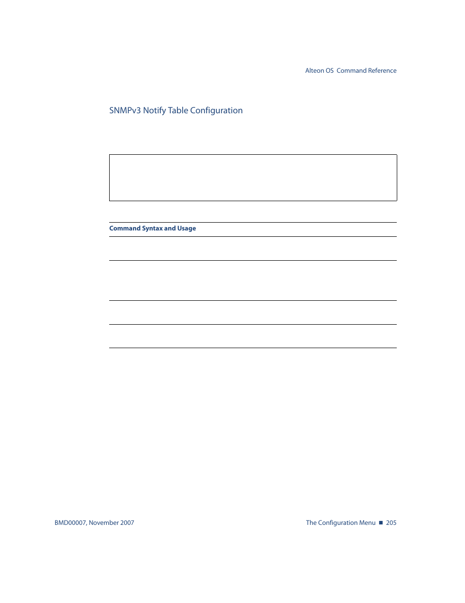 Snmpv3 notify table configuration, Snmpv3 notify table configuration 205, Cfg/sys/ssnmp/snmpv3/notify | Nortel Networks ALTEON OS BMD00007 User Manual | Page 203 / 390
