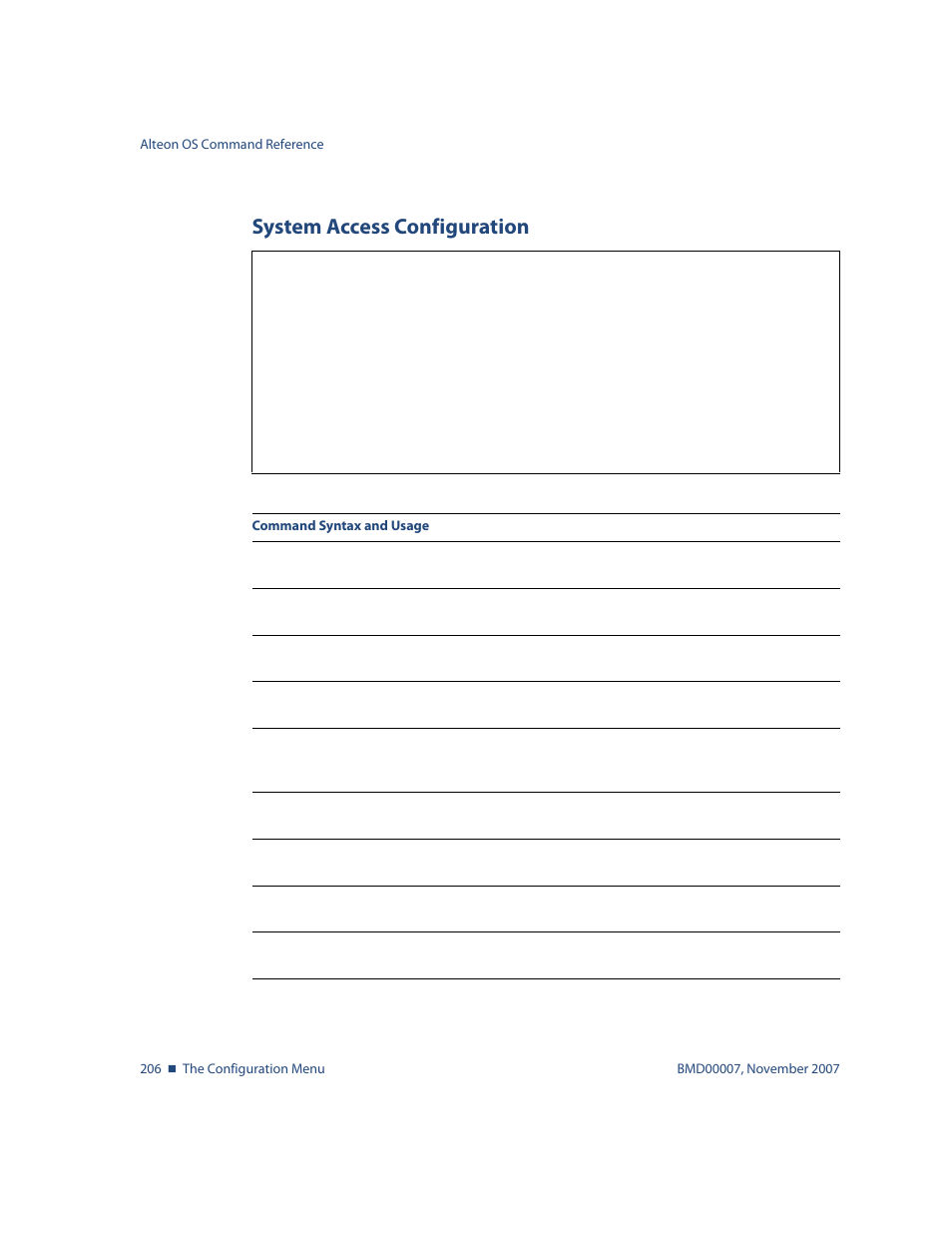 System access configuration, System access configuration 206, Menu options, see | Cfg/sys/access system access configuration | Nortel Networks ALTEON OS BMD00007 User Manual | Page 204 / 390