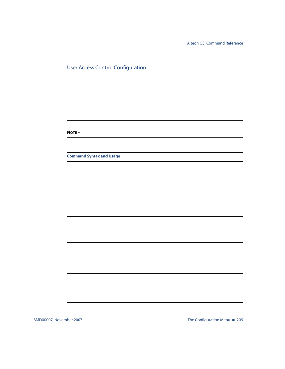 User access control configuration, User access control configuration 209, Menu options, see | Cfg/sys/access/user | Nortel Networks ALTEON OS BMD00007 User Manual | Page 207 / 390