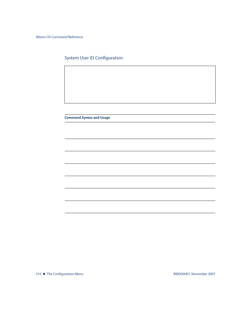System user id configuration, System user id configuration 210, Cfg/sys/access/user/uid < 1-10 | Nortel Networks ALTEON OS BMD00007 User Manual | Page 208 / 390