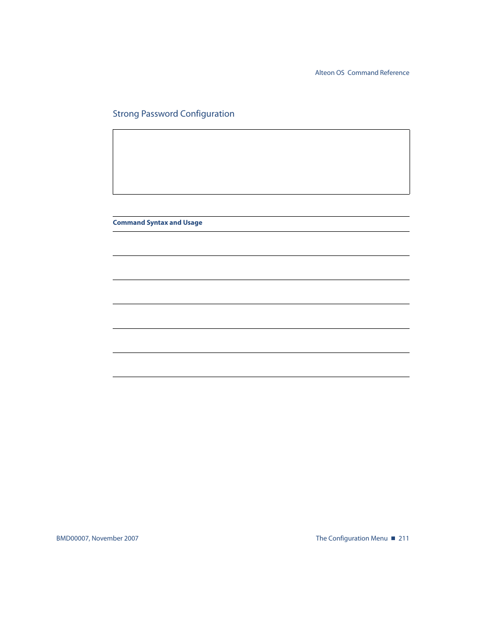 Strong password configuration, Strong password configuration 211, Cfg/sys/access/user/strongpw | Nortel Networks ALTEON OS BMD00007 User Manual | Page 209 / 390