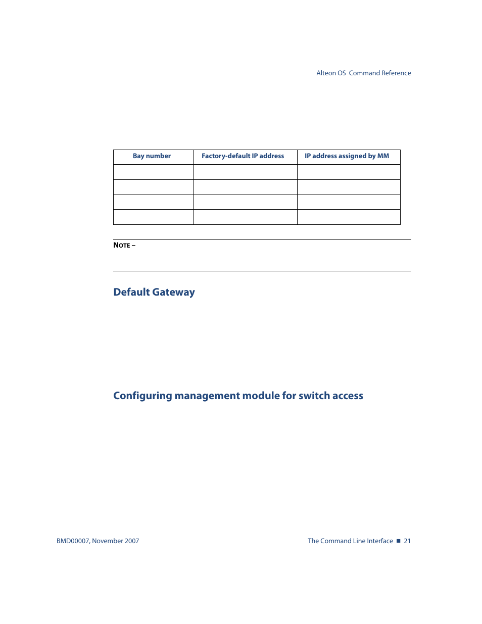 Default gateway, Configuring management module for switch access | Nortel Networks ALTEON OS BMD00007 User Manual | Page 21 / 390