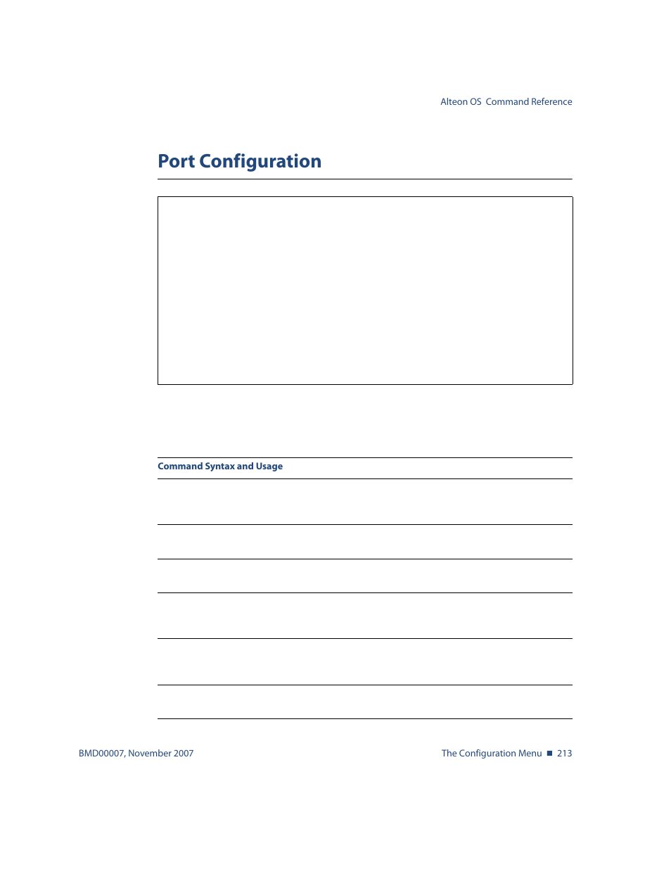 Port configuration, Port configuration 213, Cfg/port <port alias or number | Nortel Networks ALTEON OS BMD00007 User Manual | Page 211 / 390