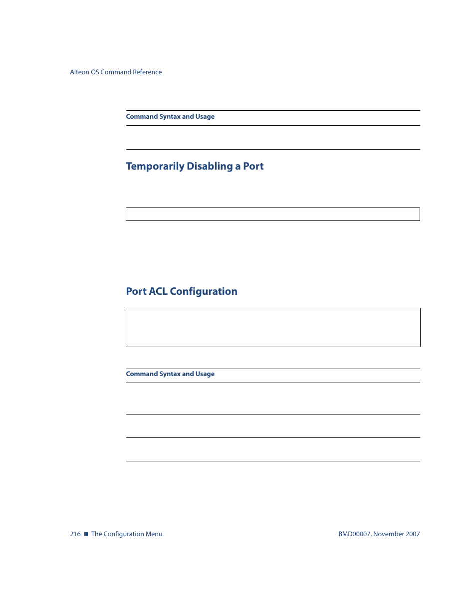 Temporarily disabling a port, Port acl configuration | Nortel Networks ALTEON OS BMD00007 User Manual | Page 214 / 390