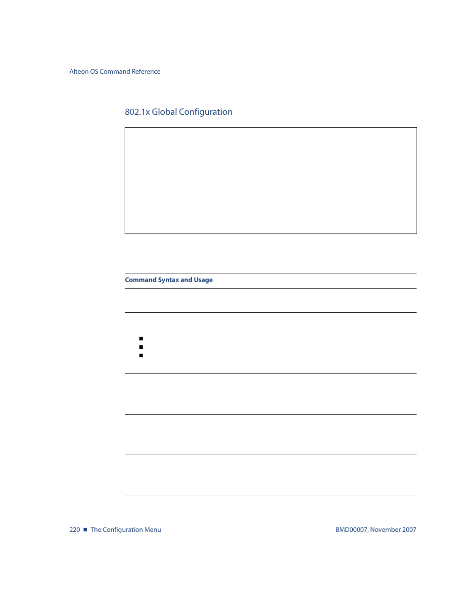 1x global configuration, 1x global configuration 220, Menu options, see | Nortel Networks ALTEON OS BMD00007 User Manual | Page 218 / 390