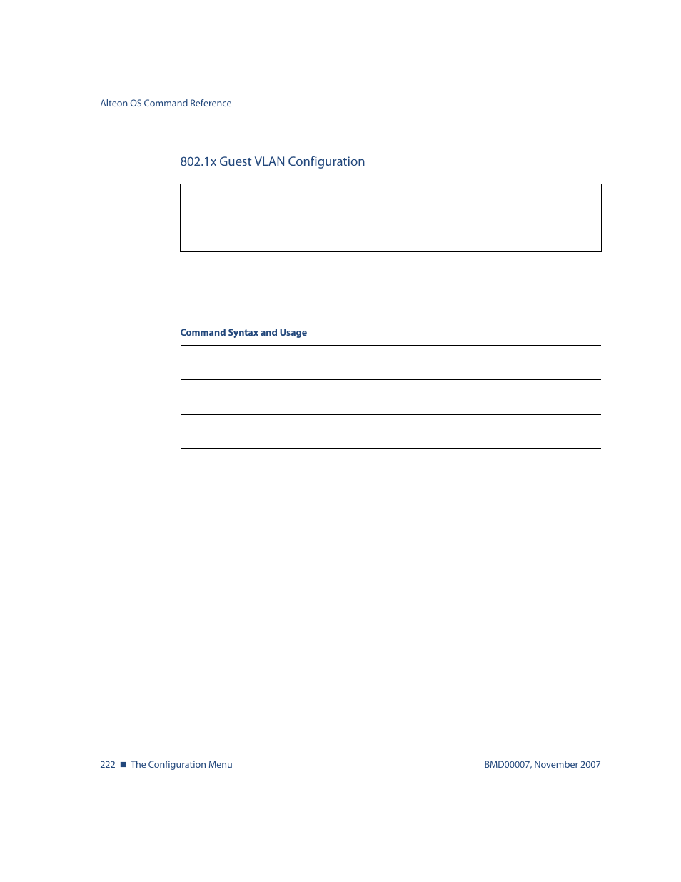1x guest vlan configuration, 1x guest vlan configuration 222 | Nortel Networks ALTEON OS BMD00007 User Manual | Page 220 / 390