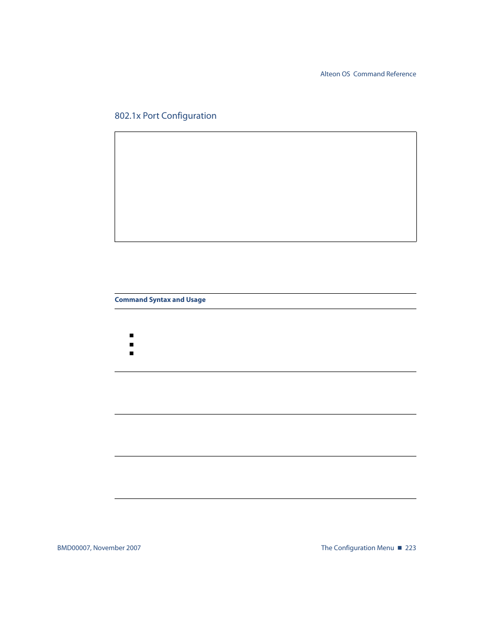 1x port configuration, 1x port configuration 223, View menu options, see | Nortel Networks ALTEON OS BMD00007 User Manual | Page 221 / 390