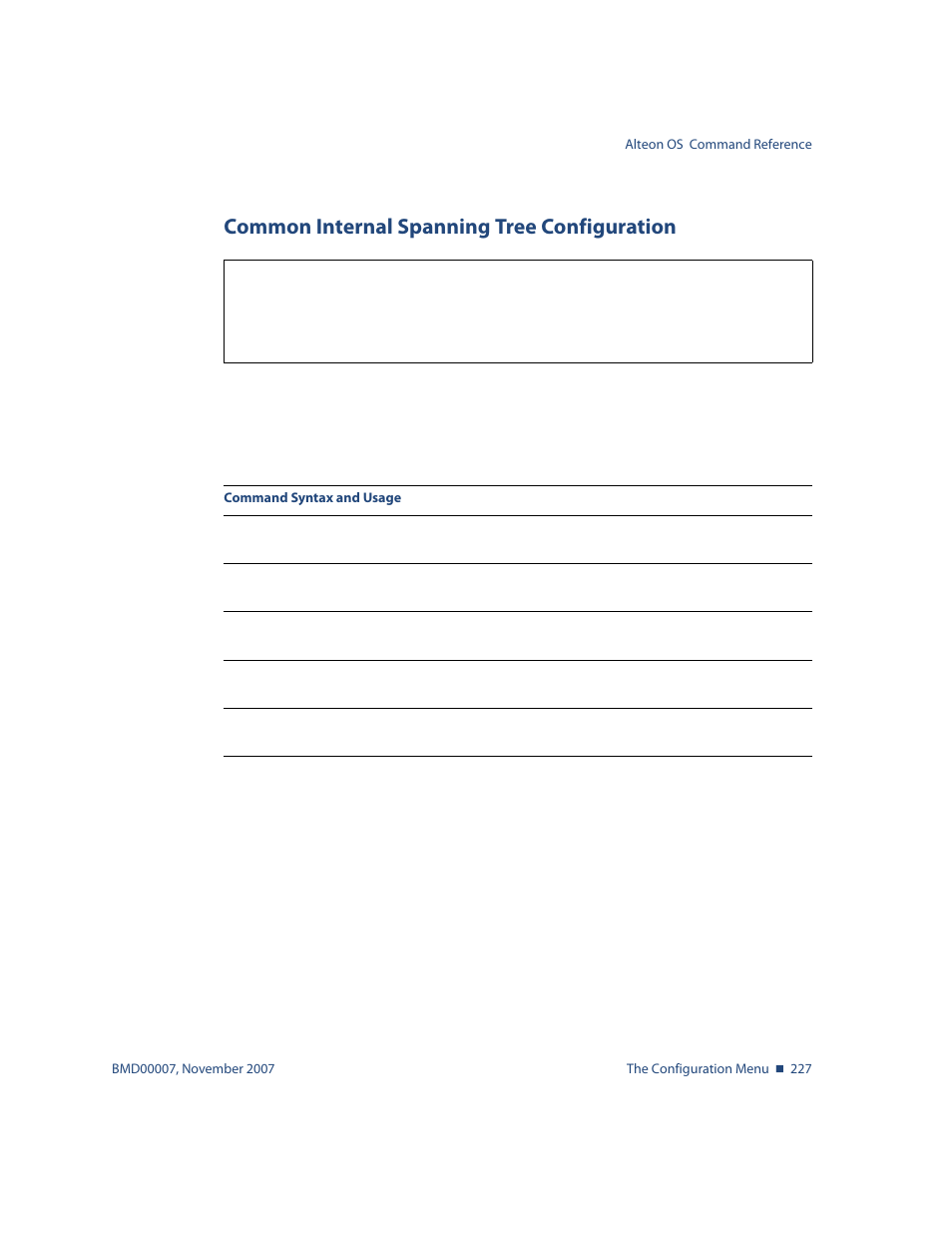 Common internal spanning tree configuration, Common internal spanning tree configuration 227 | Nortel Networks ALTEON OS BMD00007 User Manual | Page 225 / 390
