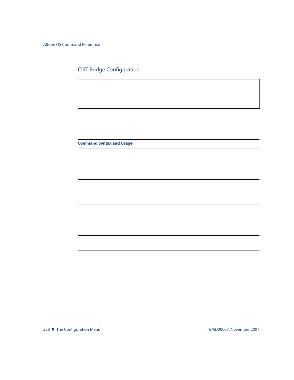 Cist bridge configuration, Cist bridge configuration 228, Cfg/l2/mrst/cist/brg | Nortel Networks ALTEON OS BMD00007 User Manual | Page 226 / 390