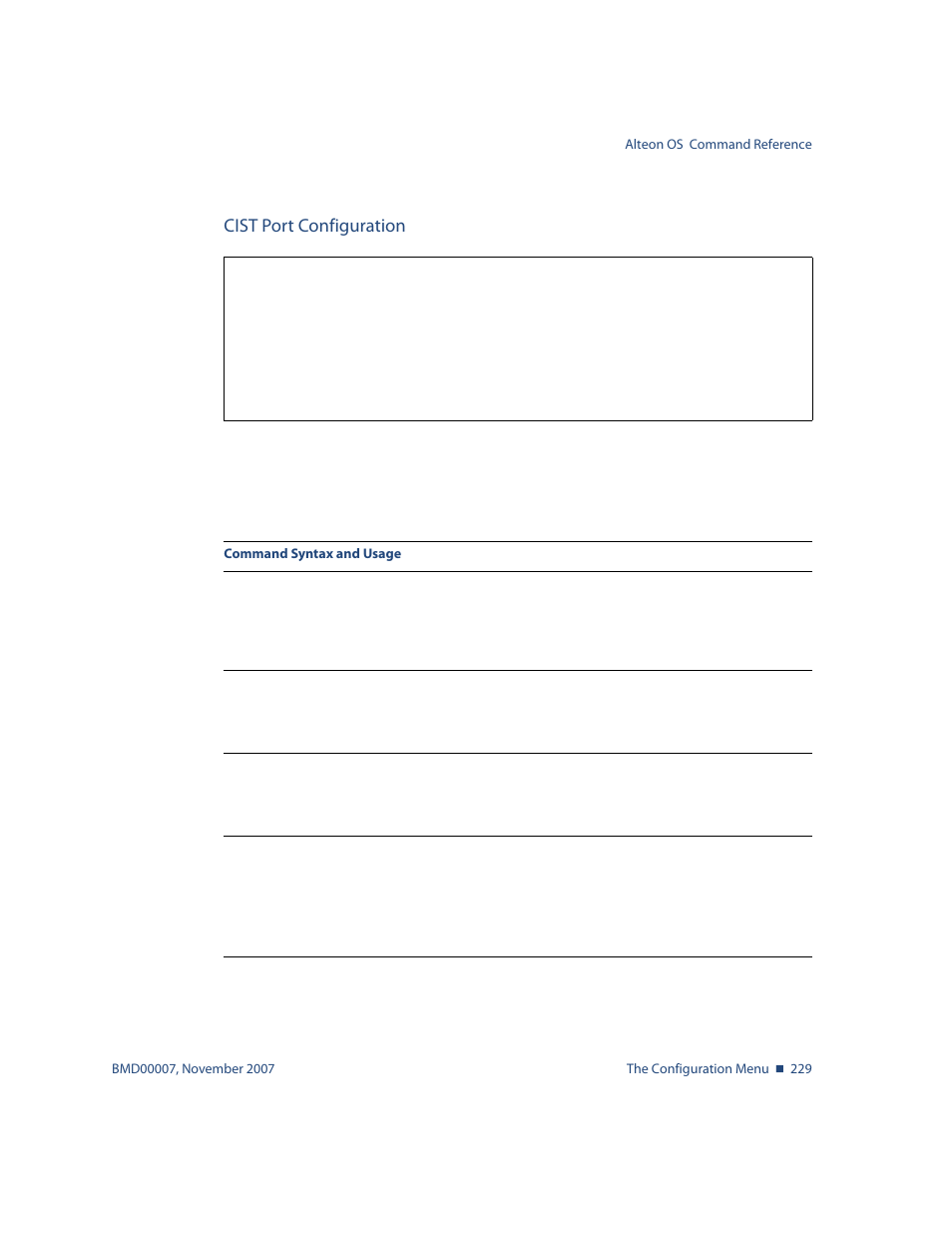 Cist port configuration, Cist port configuration 229, Menu options, see | Cfg/l2/mrst/cist/port < port alias or number | Nortel Networks ALTEON OS BMD00007 User Manual | Page 227 / 390