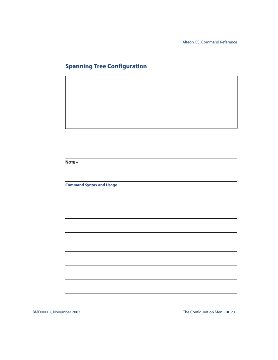 Spanning tree configuration, Spanning tree configuration 231 | Nortel Networks ALTEON OS BMD00007 User Manual | Page 229 / 390