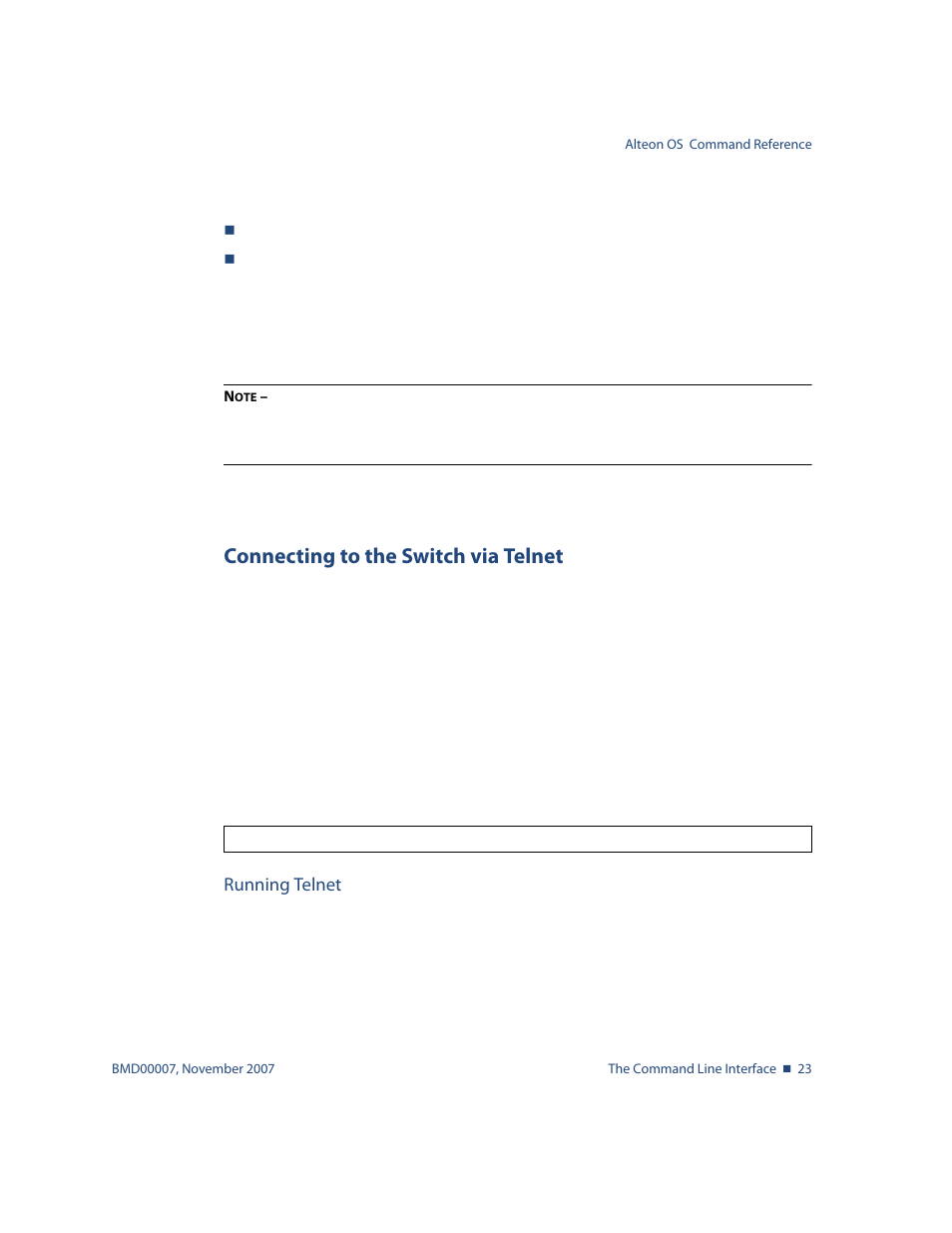 Connecting to the switch via telnet, Running telnet, Connecting to the switch via telnet 23 | Running telnet 23 | Nortel Networks ALTEON OS BMD00007 User Manual | Page 23 / 390