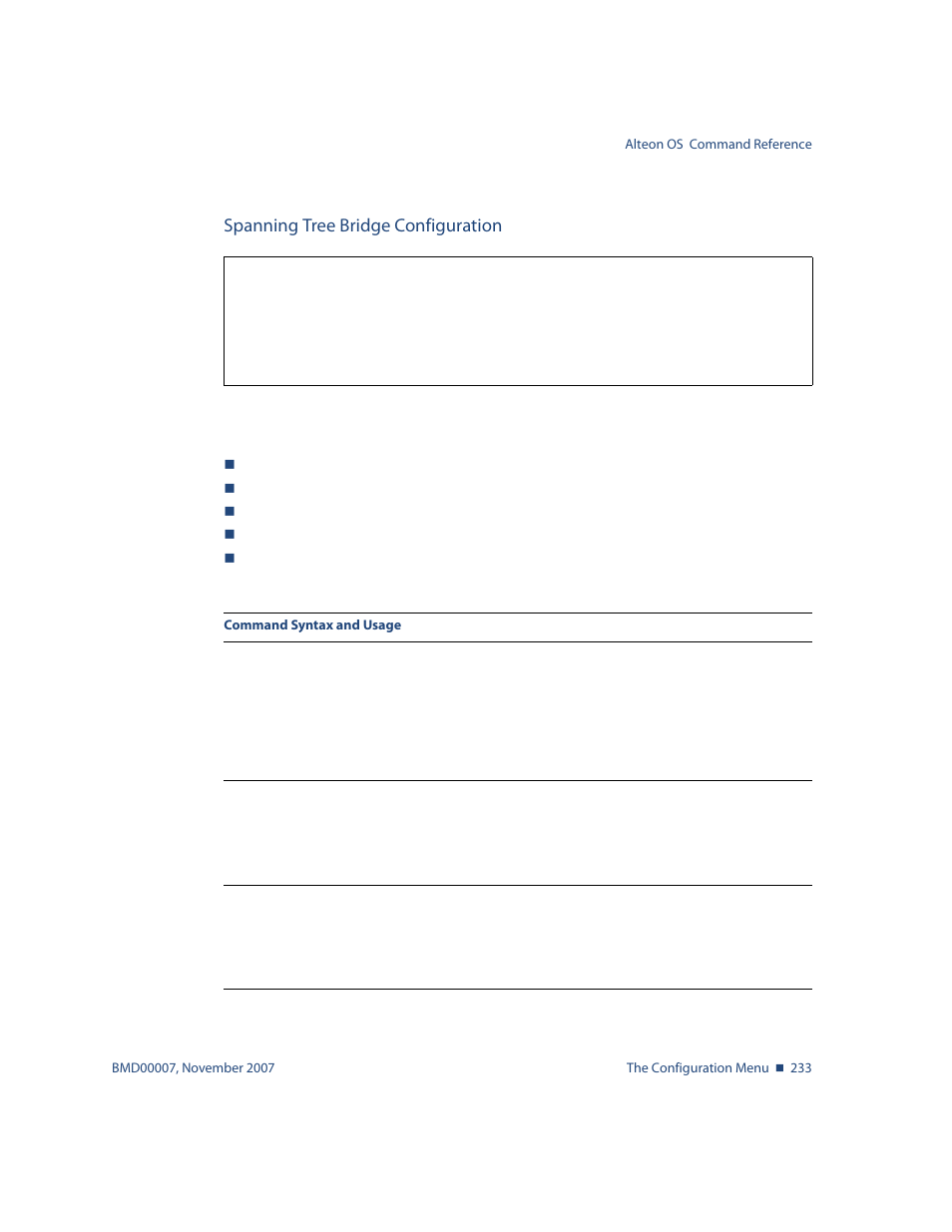 Spanning tree bridge configuration, Spanning tree bridge configuration 233, Menu options, see | Cfg/l2/stg < stp group number > /brg | Nortel Networks ALTEON OS BMD00007 User Manual | Page 231 / 390