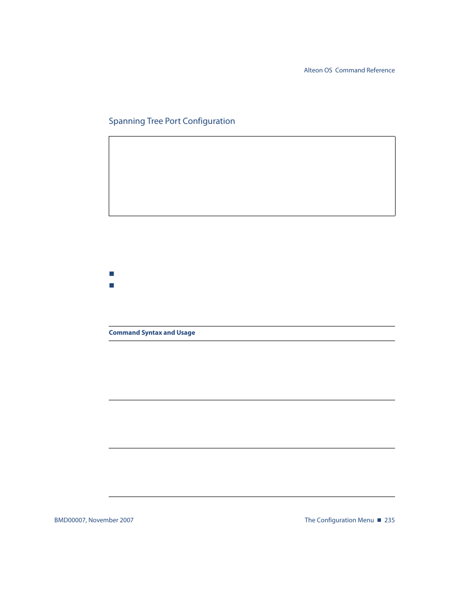 Spanning tree port configuration, Spanning tree port configuration 235, Menu options, see | Nortel Networks ALTEON OS BMD00007 User Manual | Page 233 / 390