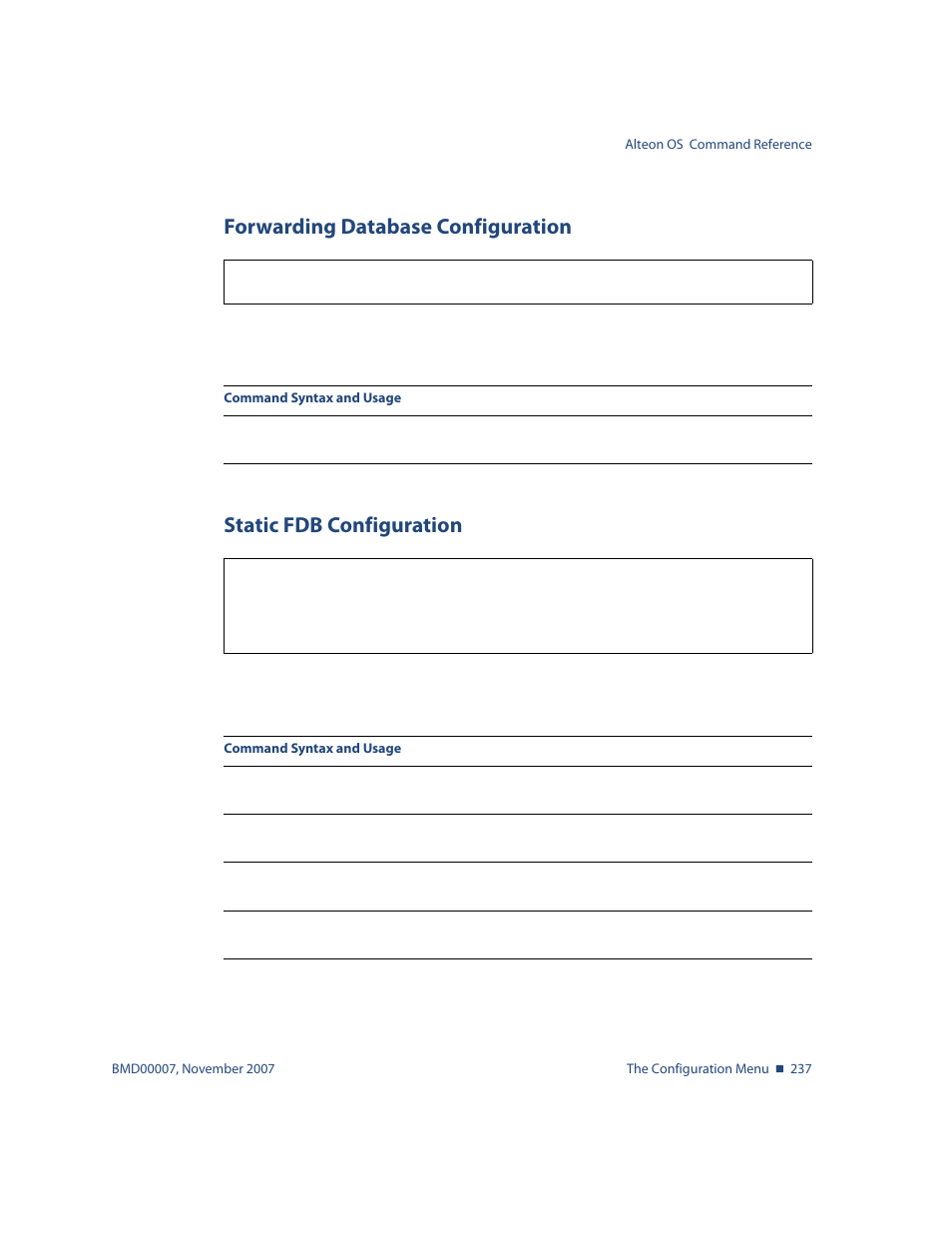 Forwarding database configuration, Static fdb configuration, Tions, see | Cfg/l2/fdb forwarding database configuration, Cfg/l2/fdb/static static fdb configuration | Nortel Networks ALTEON OS BMD00007 User Manual | Page 235 / 390