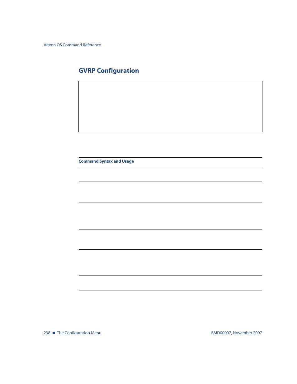 Gvrp configuration, Gvrp configuration 238, Cfg/l2/gvrp gvrp configuration | Nortel Networks ALTEON OS BMD00007 User Manual | Page 236 / 390