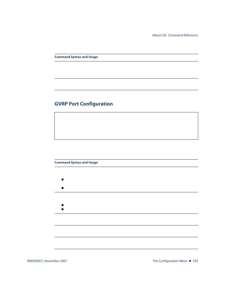 Gvrp port configuration, Gvrp port configuration 239, Cfg/l2/gvrp/port gvrp port configuration | Nortel Networks ALTEON OS BMD00007 User Manual | Page 237 / 390