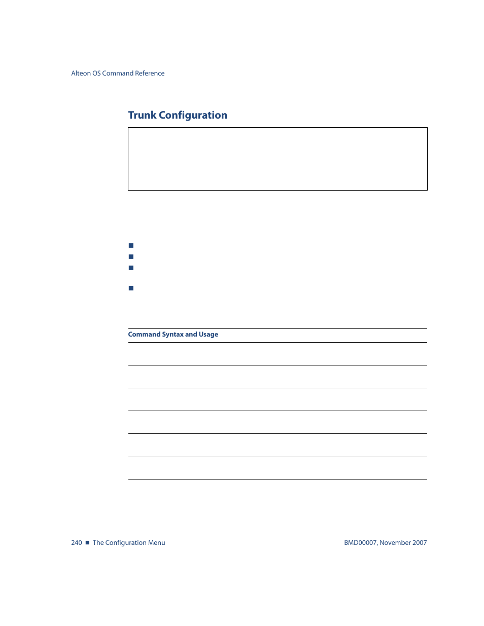 Trunk configuration, Trunk configuration 240 | Nortel Networks ALTEON OS BMD00007 User Manual | Page 238 / 390