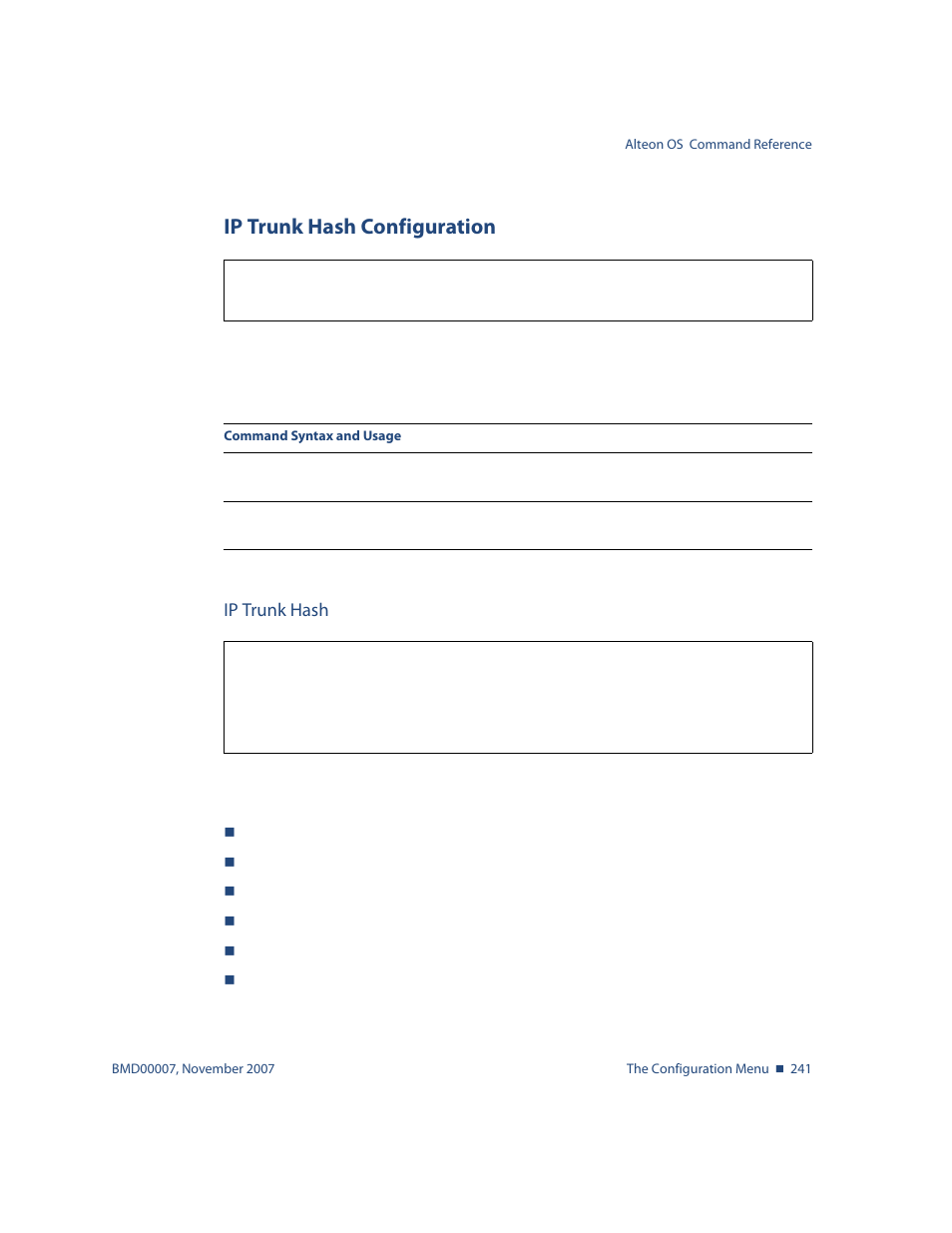 Ip trunk hash configuration, Ip trunk hash, Ip trunk hash configuration 241 | Ip trunk hash 241, Cfg/l2/thash ip trunk hash configuration, Cfg/l2/thash/set | Nortel Networks ALTEON OS BMD00007 User Manual | Page 239 / 390