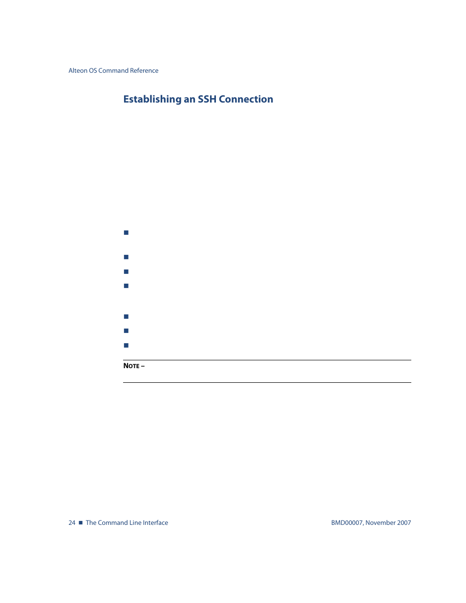 Establishing an ssh connection, Establishing an ssh connection 24 | Nortel Networks ALTEON OS BMD00007 User Manual | Page 24 / 390