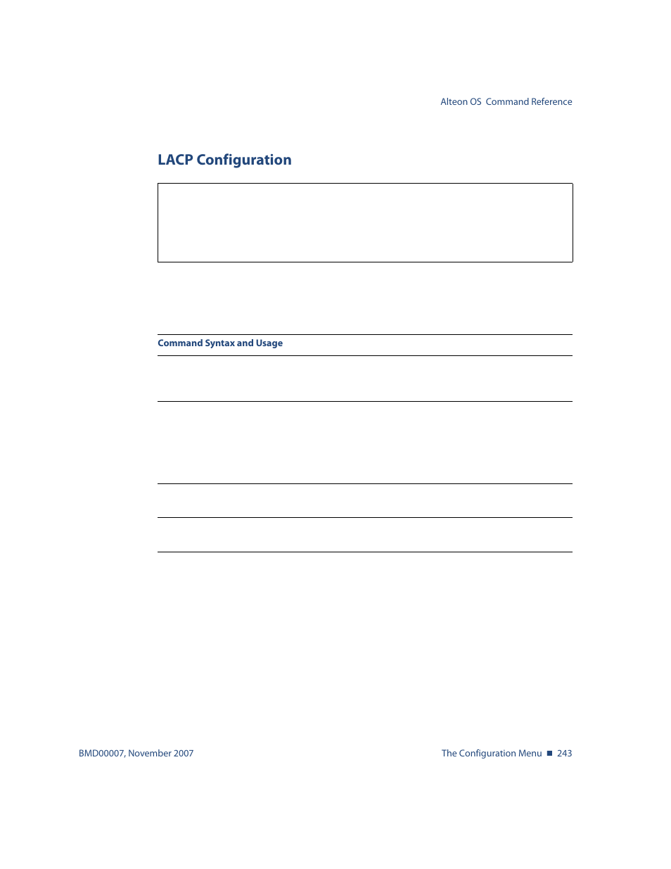 Lacp configuration, Lacp configuration 243, Options, see | Cfg/l2/lacp lacp configuration | Nortel Networks ALTEON OS BMD00007 User Manual | Page 241 / 390