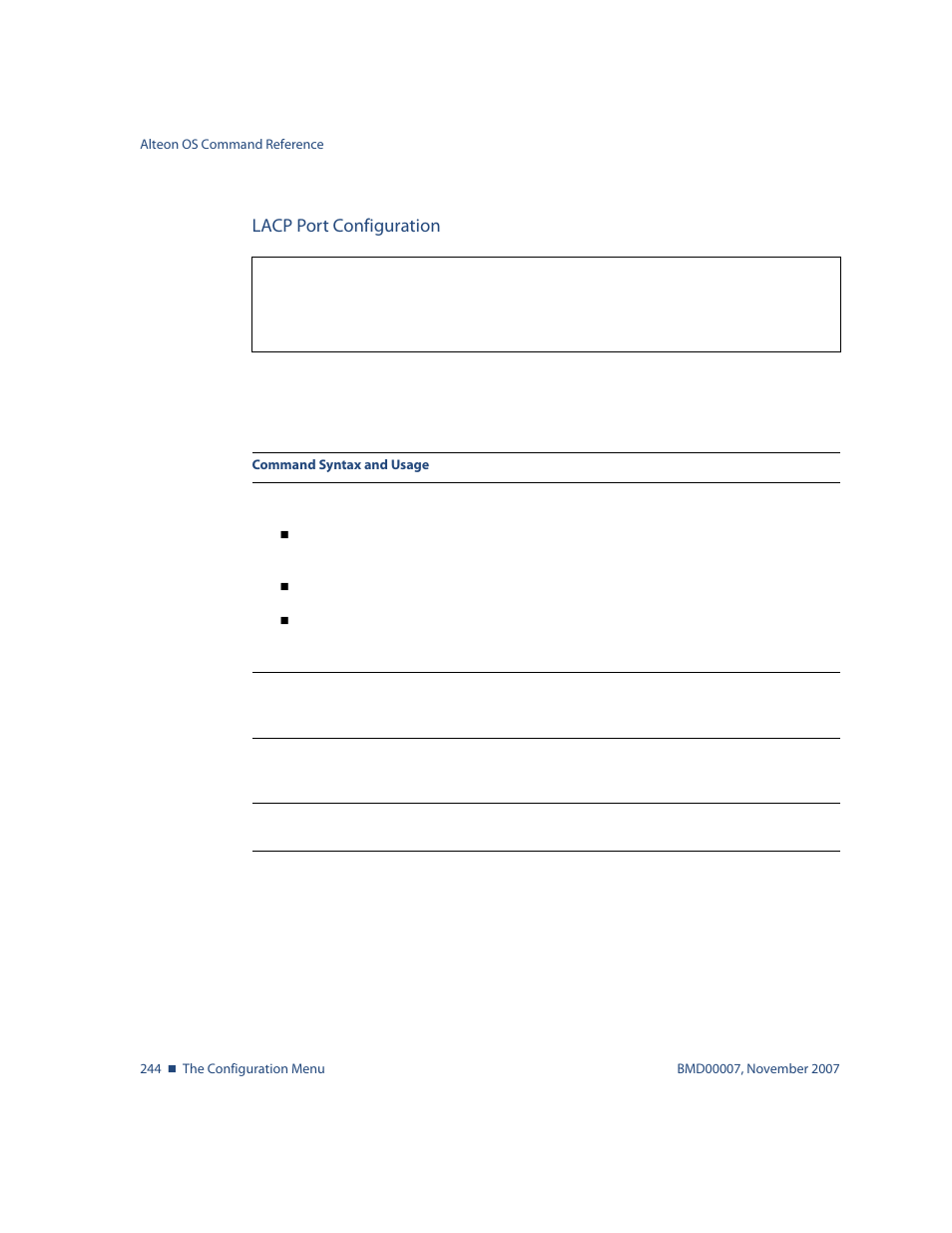 Lacp port configuration, Lacp port configuration 244, Cfg/l2/lacp/port <port alias or number | Nortel Networks ALTEON OS BMD00007 User Manual | Page 242 / 390