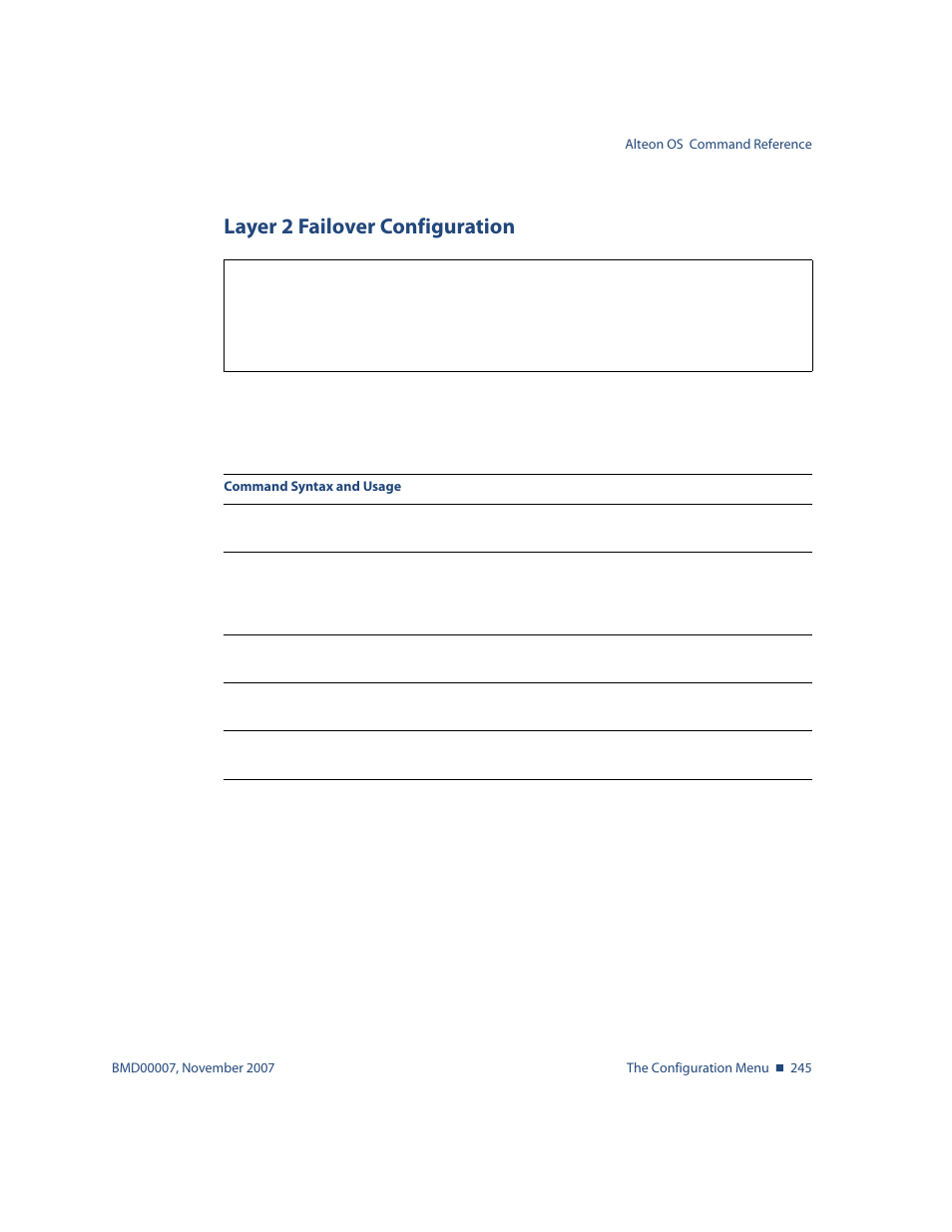 Layer 2 failover configuration, Layer 2 failover configuration 245, Cfg/l2/failovr layer 2 failover configuration | Nortel Networks ALTEON OS BMD00007 User Manual | Page 243 / 390