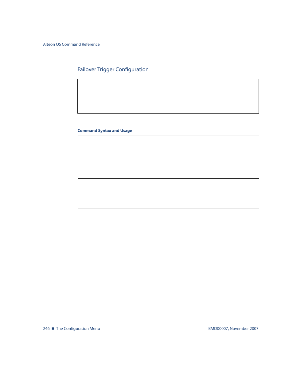 Failover trigger configuration, Failover trigger configuration 246, Cfg/l2/failovr/trigger | Nortel Networks ALTEON OS BMD00007 User Manual | Page 244 / 390