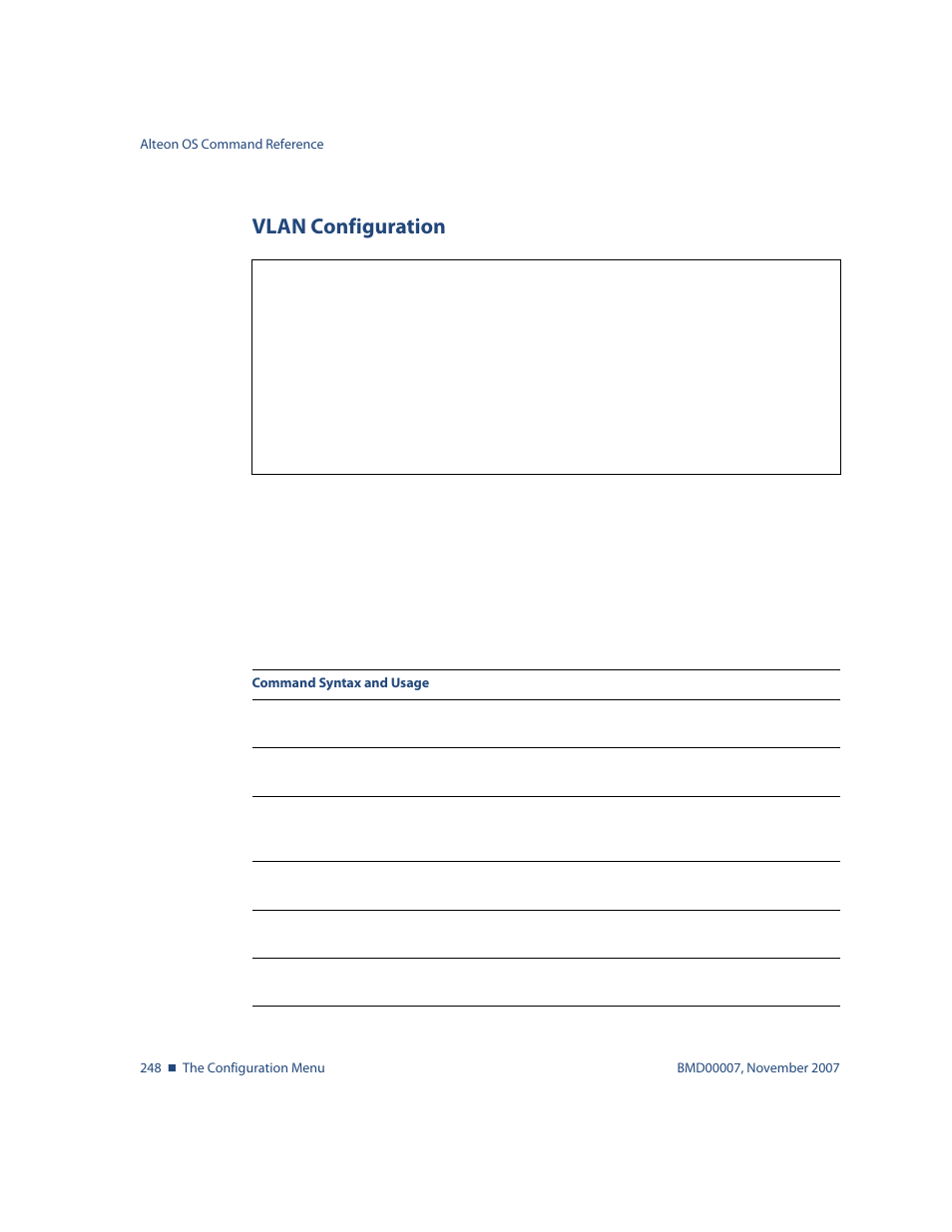 Vlan configuration, Vlan configuration 248, Menu options, see | Cfg/l2/vlan <vlan number> vlan configuration | Nortel Networks ALTEON OS BMD00007 User Manual | Page 246 / 390