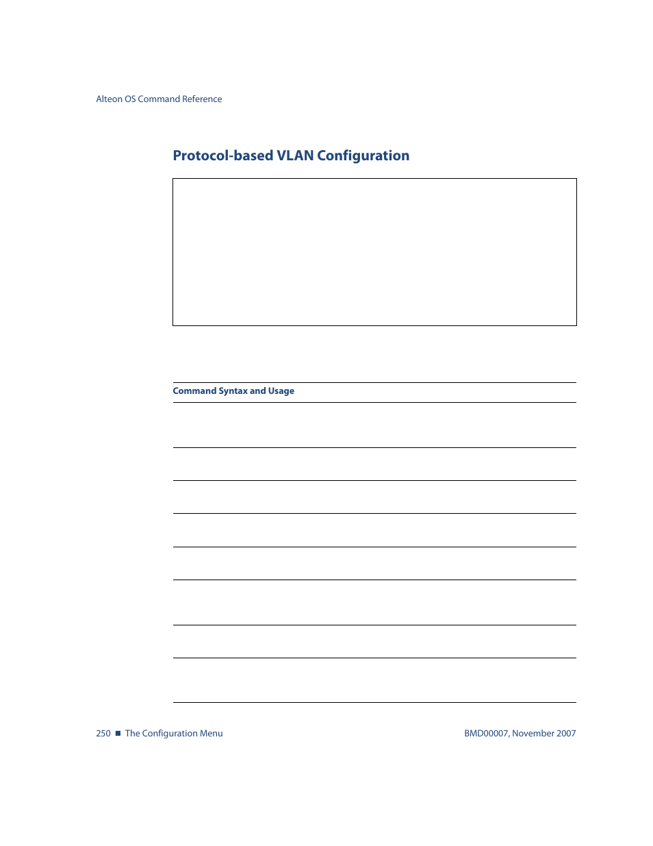 Protocol-based vlan configuration, Protocol-based vlan configuration 250, Tions, see | Nortel Networks ALTEON OS BMD00007 User Manual | Page 248 / 390