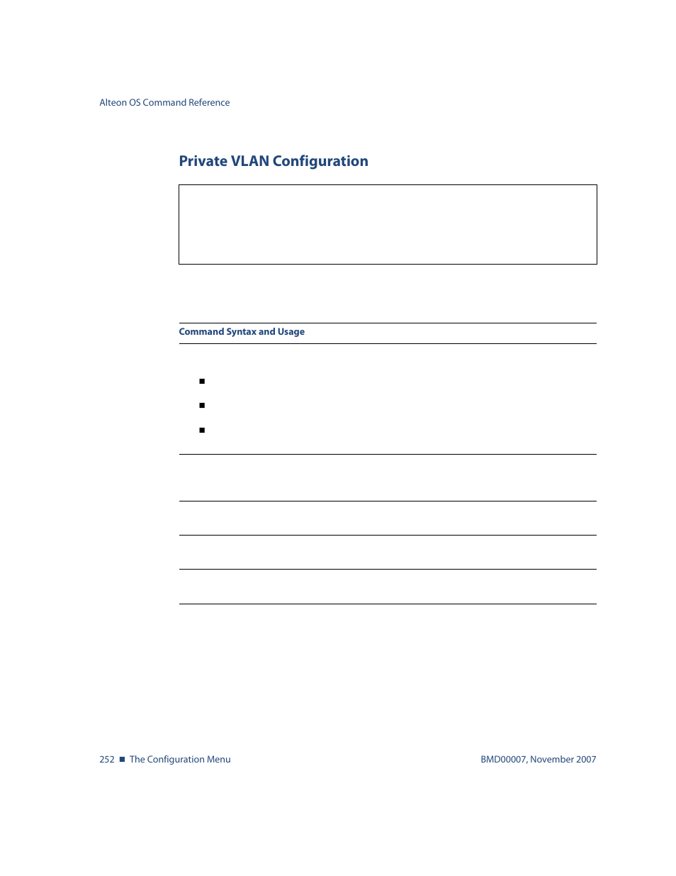 Private vlan configuration, Private vlan configuration 252, Cfg/l2/vlan/privlan private vlan configuration | Nortel Networks ALTEON OS BMD00007 User Manual | Page 250 / 390