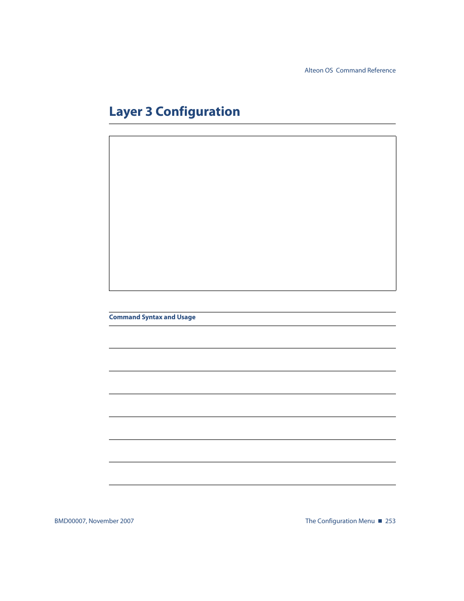 Layer 3 configuration, Layer 3 configuration 253, Options, see | Cfg/l3 | Nortel Networks ALTEON OS BMD00007 User Manual | Page 251 / 390