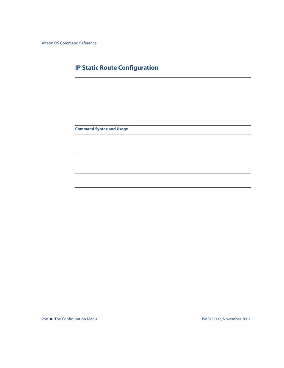Ip static route configuration, Ip static route configuration 258, Cfg/l3/route ip static route configuration | Nortel Networks ALTEON OS BMD00007 User Manual | Page 256 / 390