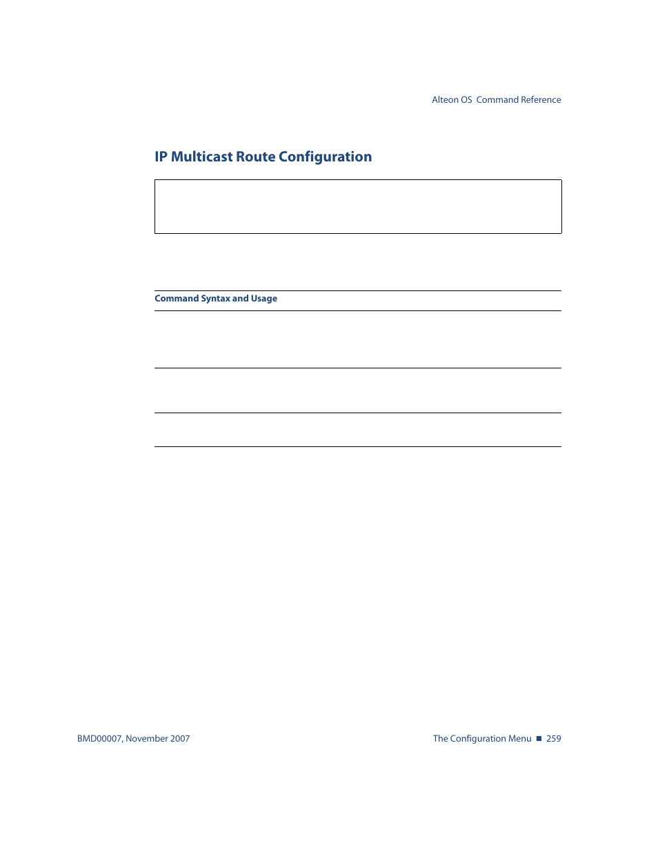 Ip multicast route configuration, Ip multicast route configuration 259, Menu options, see | Cfg/l3/mroute ip multicast route configuration | Nortel Networks ALTEON OS BMD00007 User Manual | Page 257 / 390