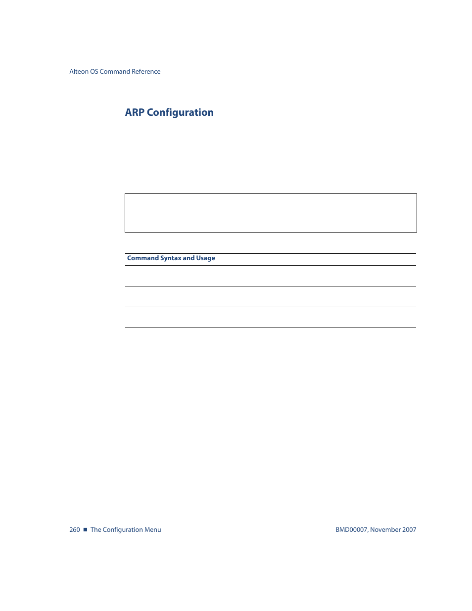 Arp configuration, Arp configuration 260, Options, see | Cfg/l3/arp arp configuration | Nortel Networks ALTEON OS BMD00007 User Manual | Page 258 / 390