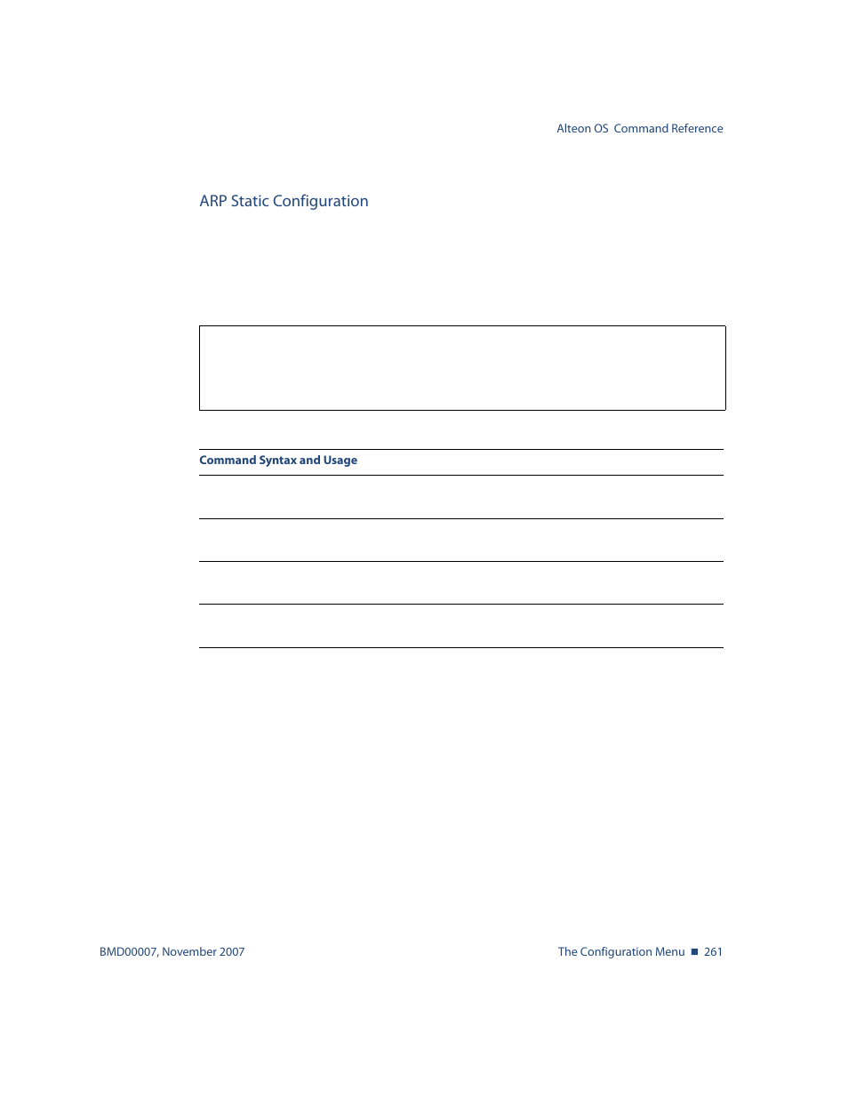 Arp static configuration, Arp static configuration 261, Cfg/l3/arp/static | Nortel Networks ALTEON OS BMD00007 User Manual | Page 259 / 390