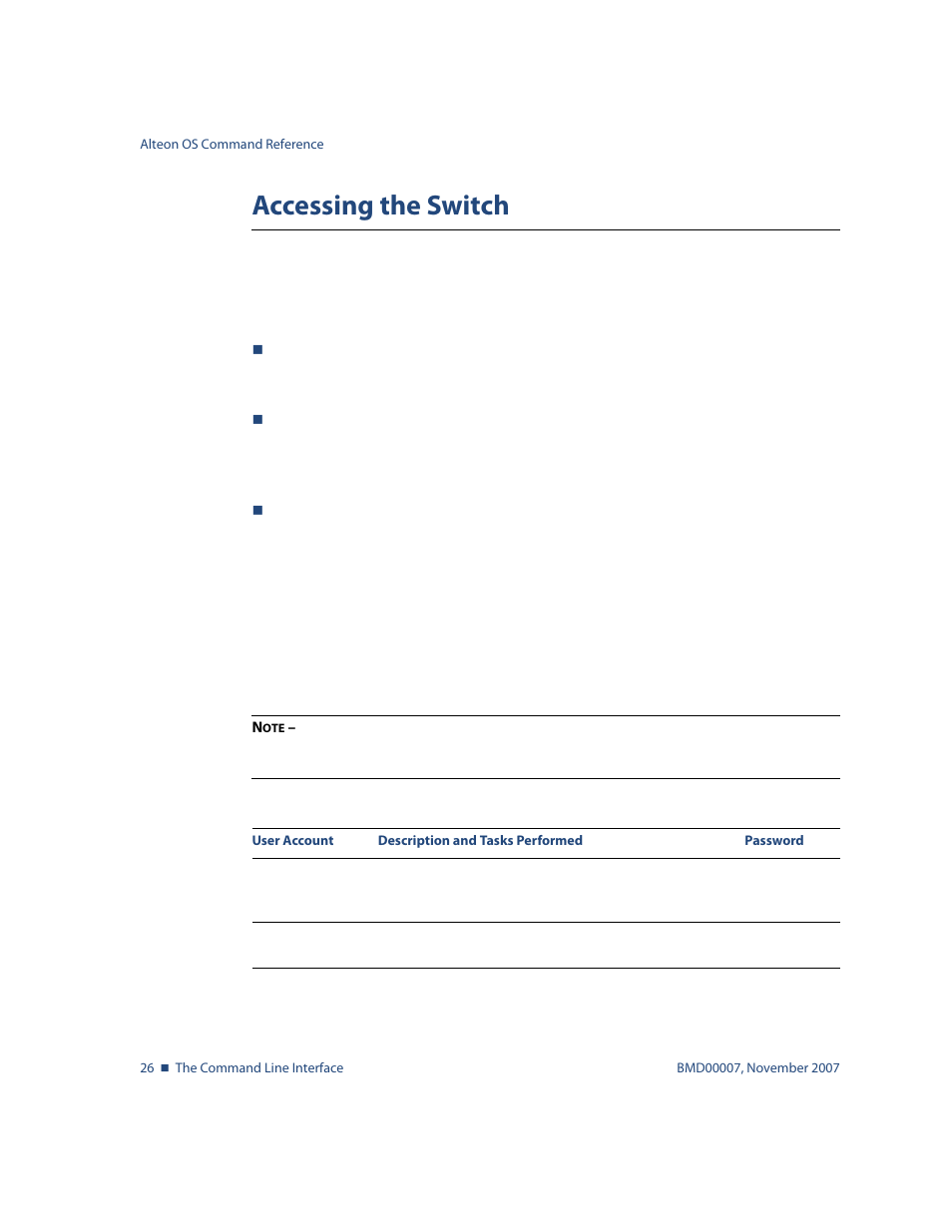 Accessing the switch, Accessing the switch 26 | Nortel Networks ALTEON OS BMD00007 User Manual | Page 26 / 390