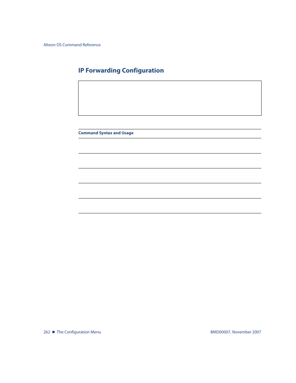 Ip forwarding configuration, Ip forwarding configuration 262, Options, see | Cfg/l3/frwd ip forwarding configuration | Nortel Networks ALTEON OS BMD00007 User Manual | Page 260 / 390