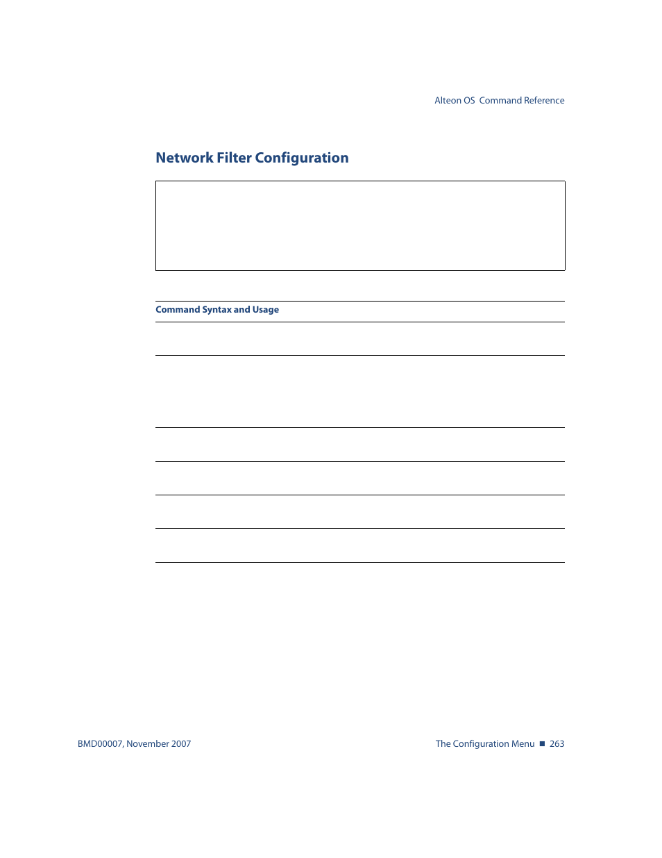 Network filter configuration, Network filter configuration 263, Cfg/l3/nwf network filter configuration | Nortel Networks ALTEON OS BMD00007 User Manual | Page 261 / 390