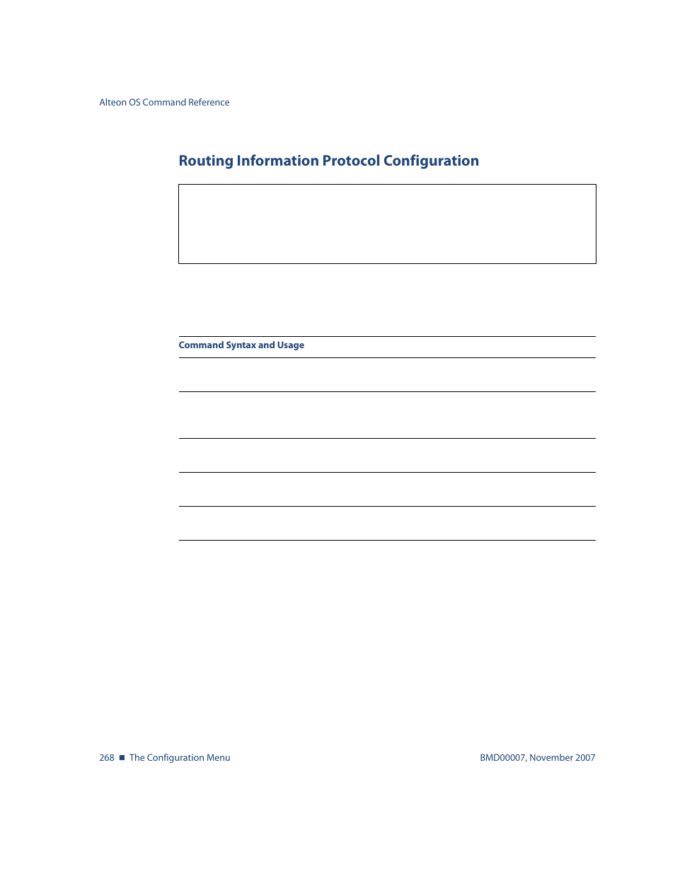 Routing information protocol configuration, Routing information protocol configuration 268, Options, see | Nortel Networks ALTEON OS BMD00007 User Manual | Page 266 / 390