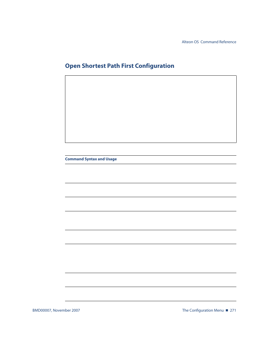 Open shortest path first configuration, Open shortest path first configuration 271, Cfg/l3/ospf open shortest path first configuration | Nortel Networks ALTEON OS BMD00007 User Manual | Page 269 / 390